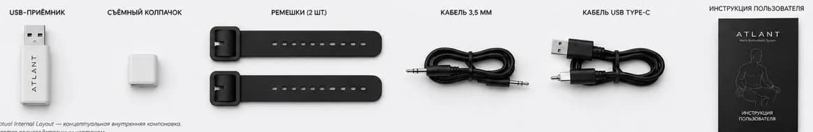 Состав комплекта ATLANT: USB-приёмник, съёмный колпачок, два ремешка, кабель 3,5 мм, кабель USB Type-C и инструкция пользователя.