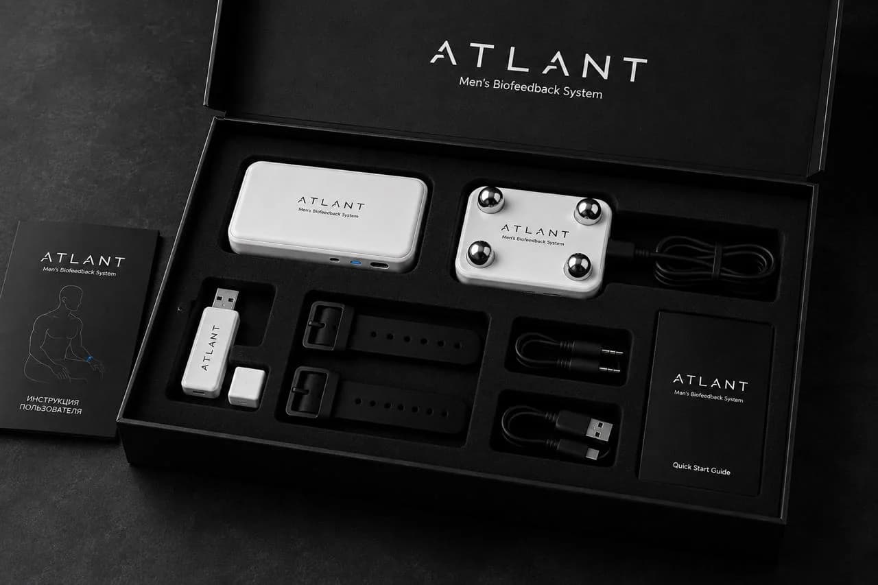 Открытая упаковка ATLANT: электронный блок, контактный модуль, USB-приёмник, ремешки, кабели, инструкция пользователя и Quick Start Guide.